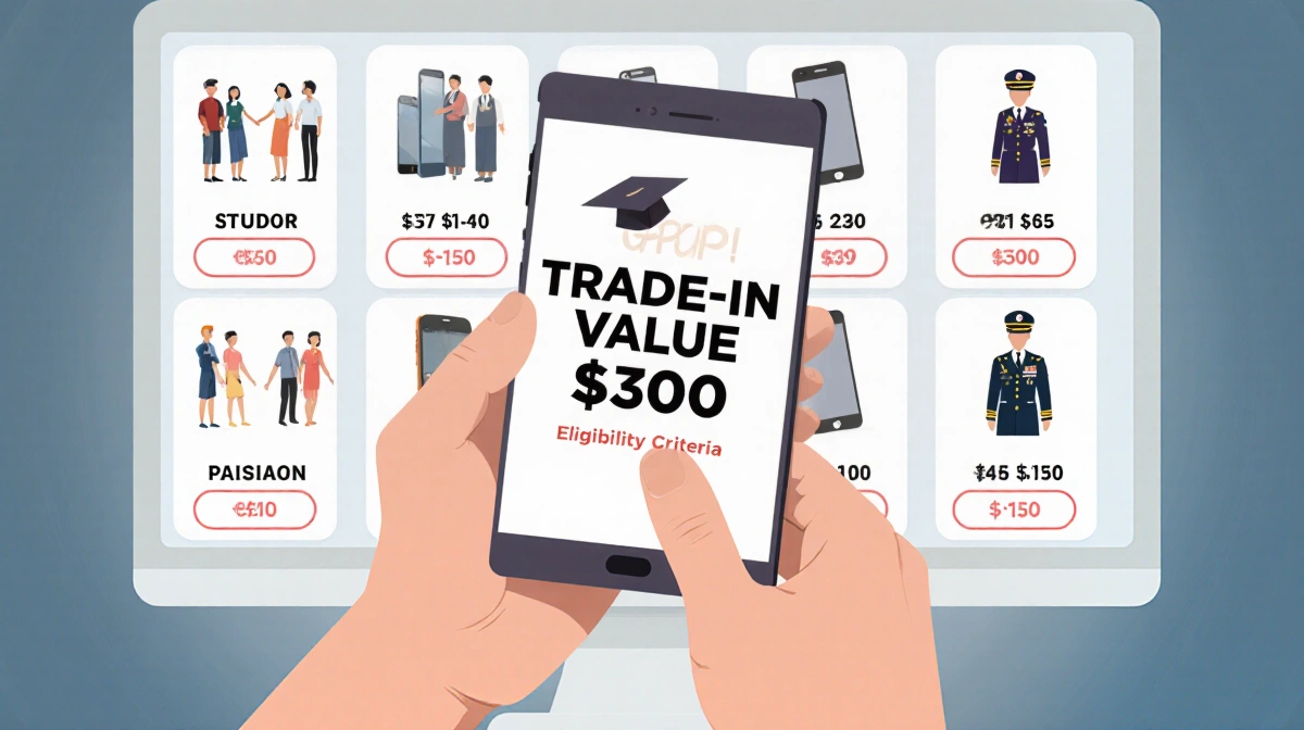 Person holding a smartphone showing $300 trade-in with military student teacher attire and grid