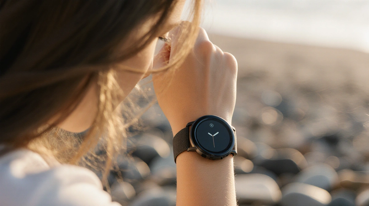 Woman wearing modern smartwatch with circular face and minimalist interface showing natural light and blurred beach stones