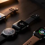 Apple Watch Ultra 2 rests on dark wood desk with Tag Heuer and Google Pixel watches showing premium smartwatch designs