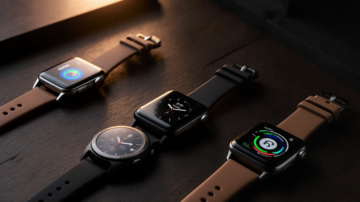 Apple Watch Ultra 2 rests on dark wood desk with Tag Heuer and Google Pixel watches showing premium smartwatch designs
