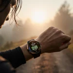 Runner checking VO2 max on smartwatch with golden sunrise lighting through foggy trail