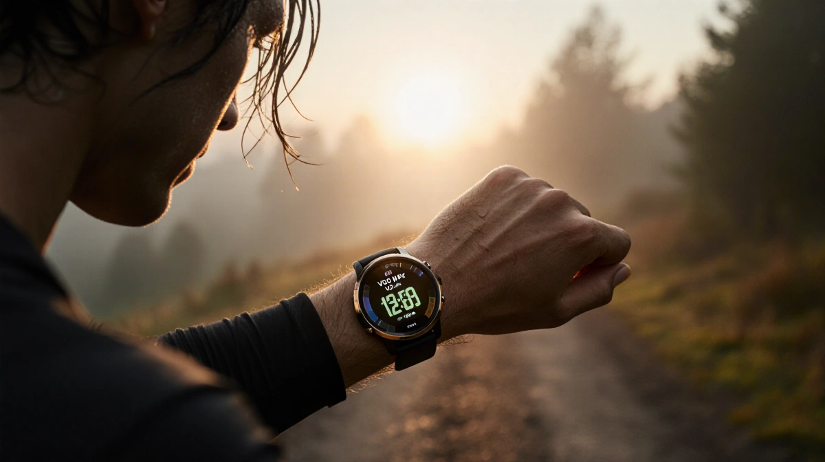 Runner checking VO2 max on smartwatch with golden sunrise lighting through foggy trail