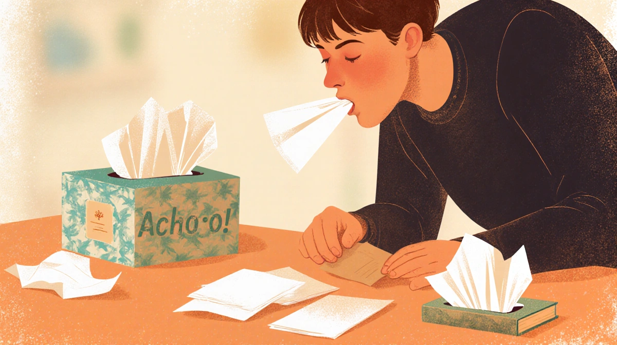 Person sneezing with a small book on the floor and scattered tissue sheets nearby and an Achoo! sign