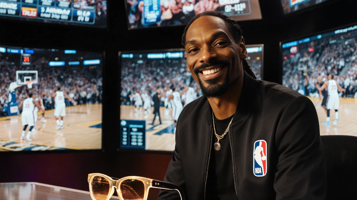 Snoop Dogg analyzes NBA game footage with live stats and cheering crowd behind him