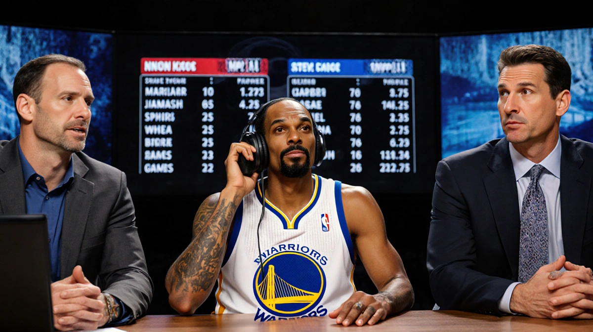 Snoop Dogg sits in NBA meeting with Steve Kerr and Tyronn Lue wearing Warriors jersey and holding headphones