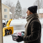 Homeowner standing at front door with bright yellow snow blower roaring behind and snowy street outside