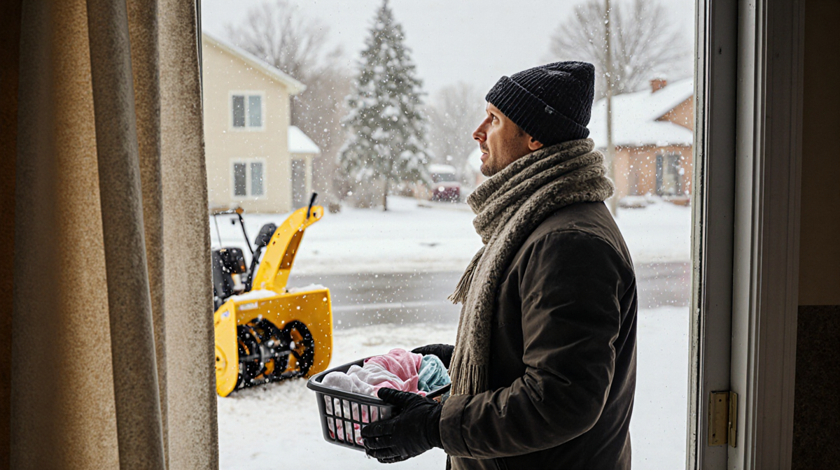 Homeowner standing at front door with bright yellow snow blower roaring behind and snowy street outside