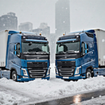 Semi-trucks stranded at snow-covered intersection with half-full cargo and snowdrifts blocking windows