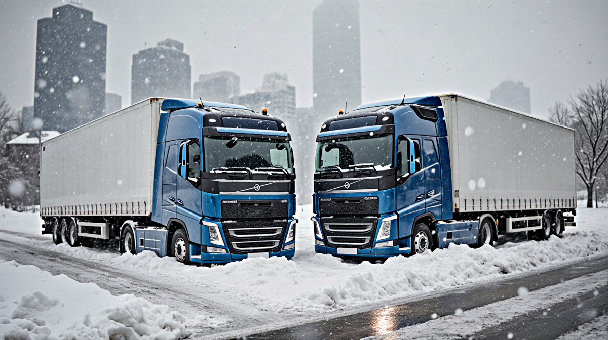 Semi-trucks stranded at snow-covered intersection with half-full cargo and snowdrifts blocking windows