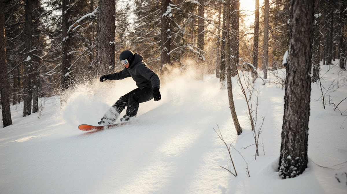 Snowboarder carving through fresh powder with towering trees and golden light filtering through forest