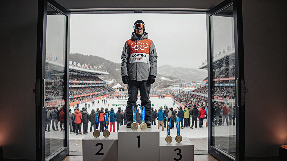 Snowboarder stands confidently before Olympic podium with medals and warm jacket while venue hints and crowd blur in backgrou
