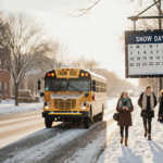School bus driving down snowy North Texas street with snow trail and students walking toward stop under warm sun.