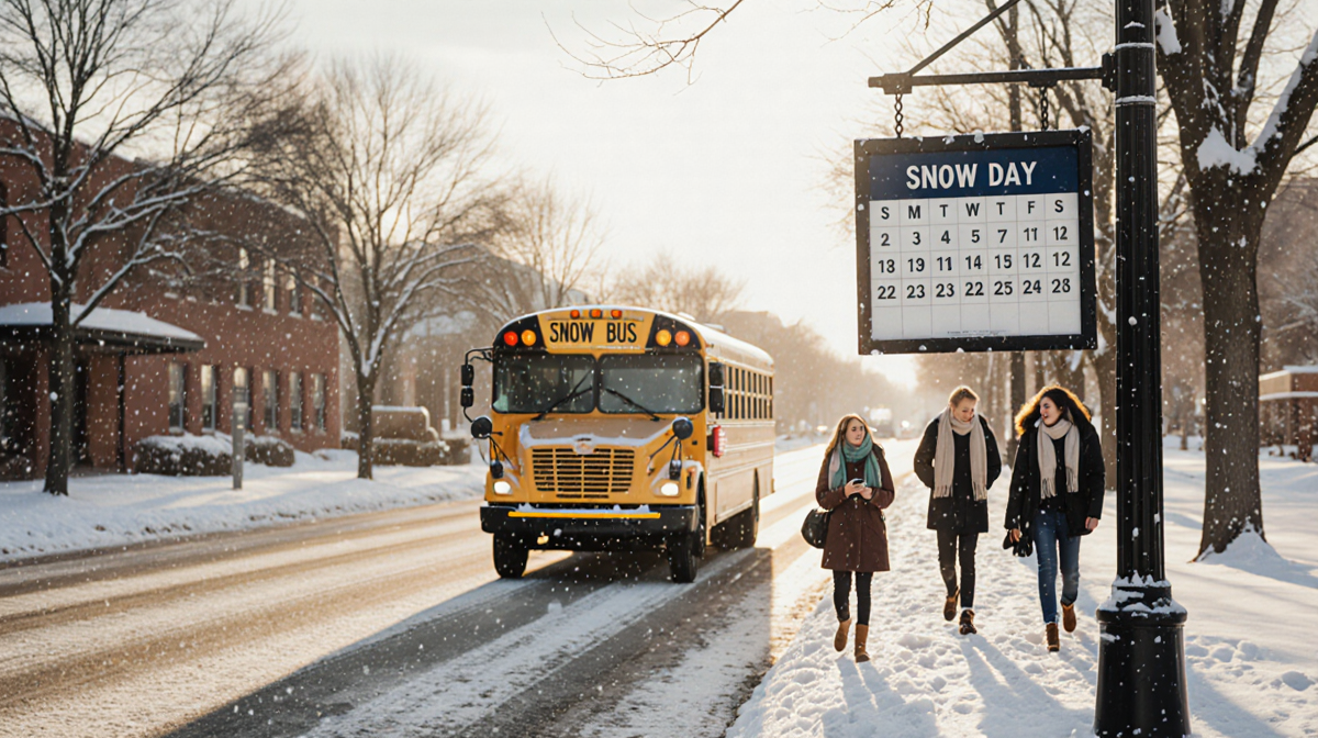 School bus driving down snowy North Texas street with snow trail and students walking toward stop under warm sun.