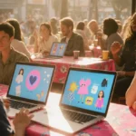 Young people typing on laptops with pink Instagram tablecloths and golden nostalgic lighting
