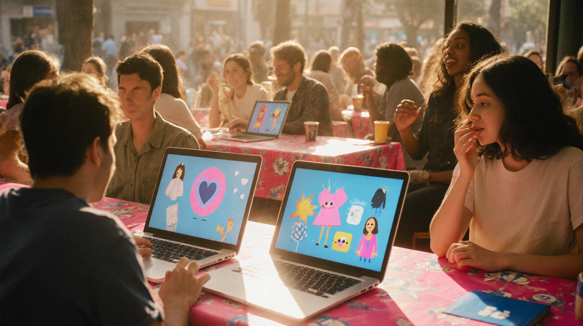 Young people typing on laptops with pink Instagram tablecloths and golden nostalgic lighting