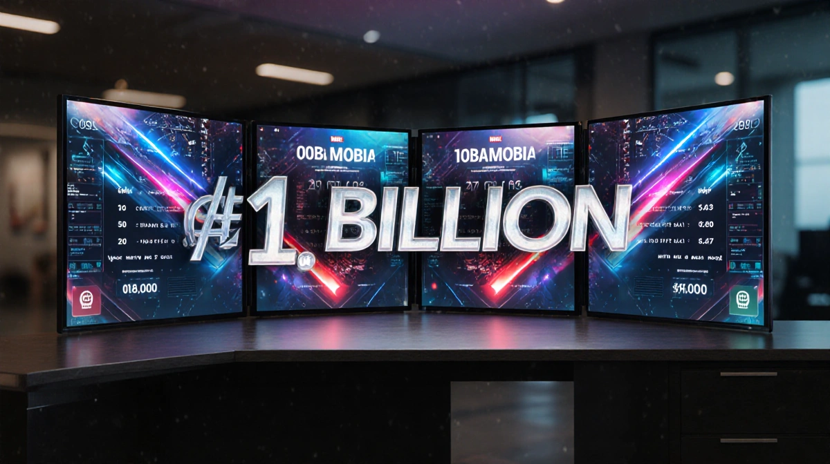 Four monitors glow with Avengers graphics and social media metrics showing one billion views