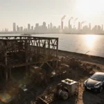 Solar panels stretch across city skyline with electric car parked near abandoned factory showing clean energy transition