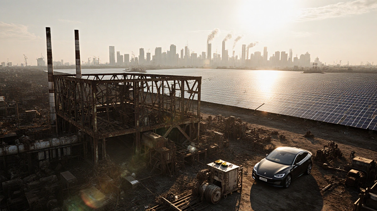 Solar panels stretch across city skyline with electric car parked near abandoned factory showing clean energy transition