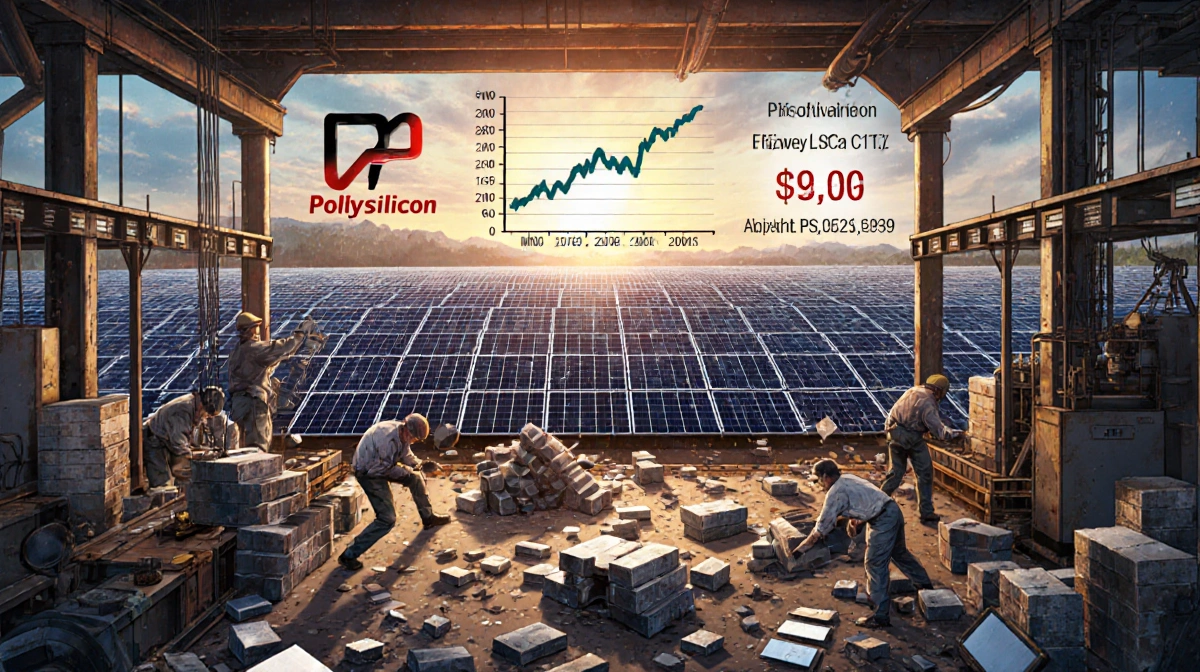 Frantic factory workers toss polysilicon wafers with solar panel grid glowing and price chart showing collapse