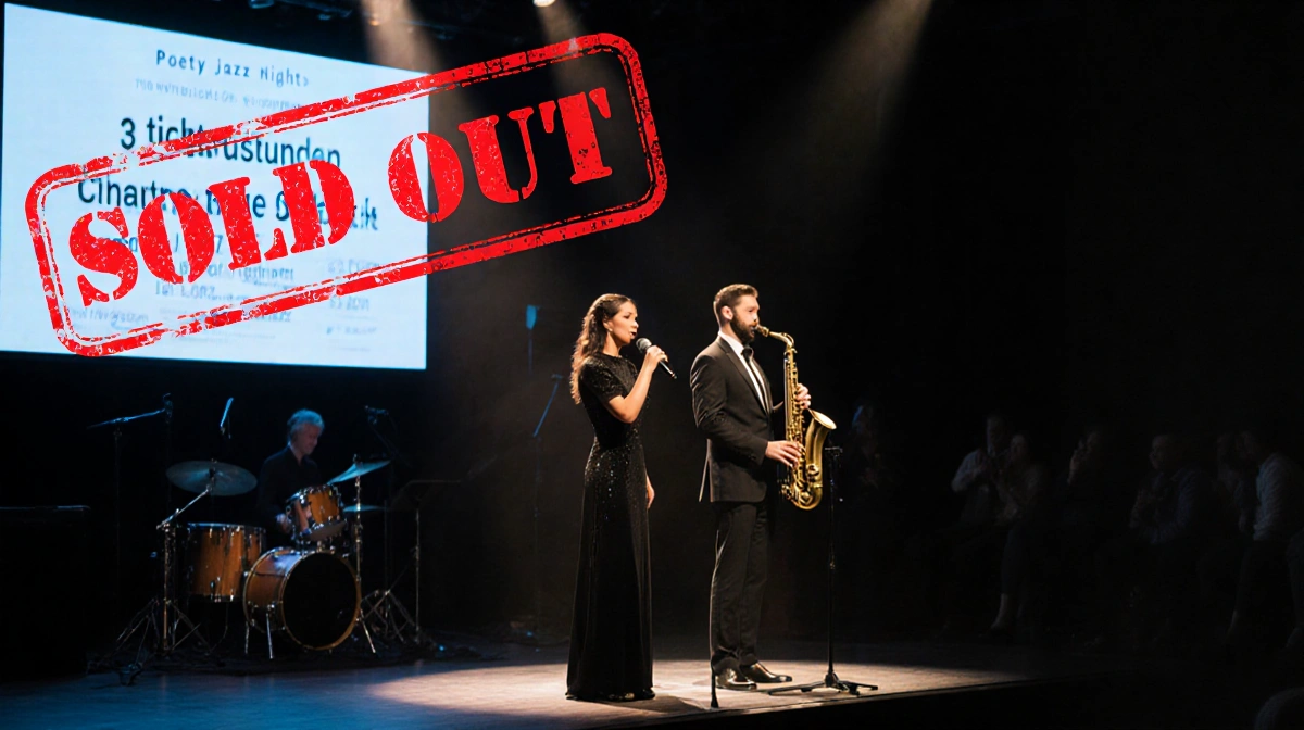 Musician singing into microphone with saxophone player and sold out jazz club behind