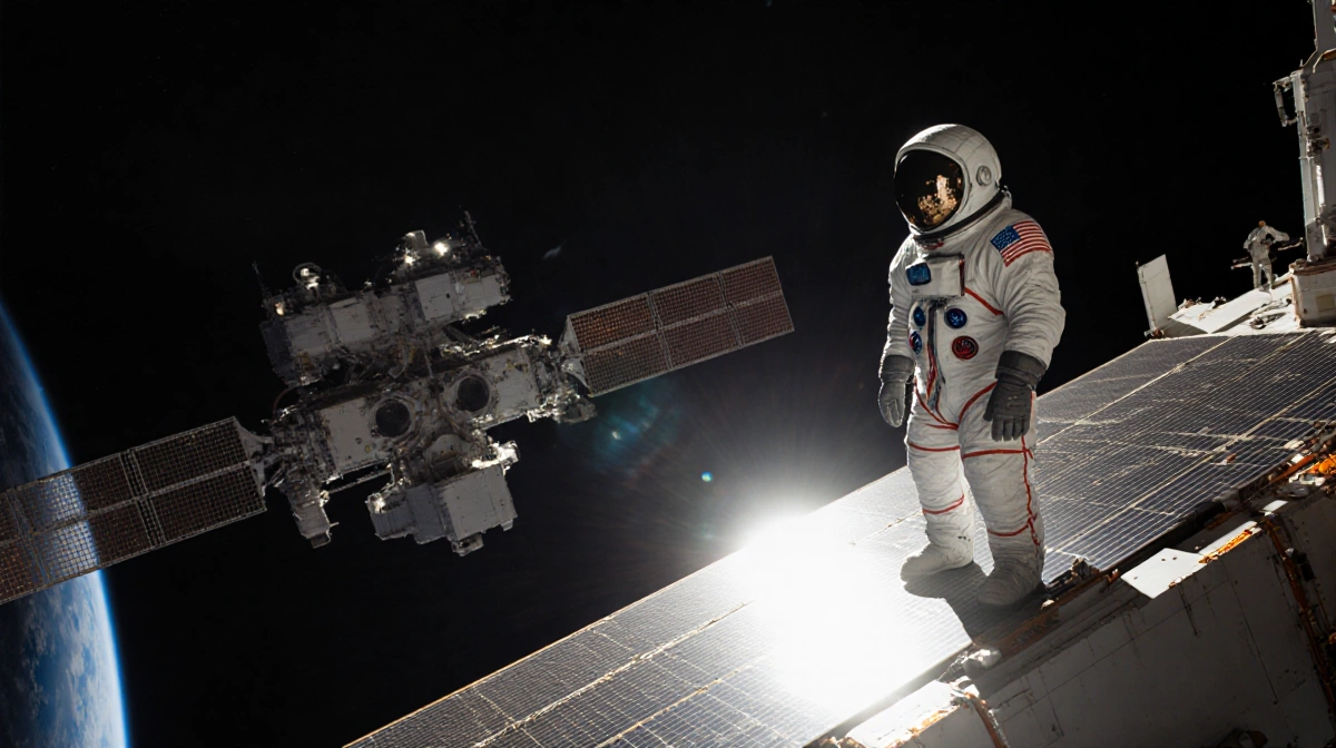 Astronaut stands alone outside space station with Russian module lit and two cosmonauts visible through window