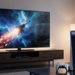 Sony Bravia 5 TV glowing with a vibrant 4K Blu‑Ray scene and a PlayStation 5 Pro console on the coffee table
