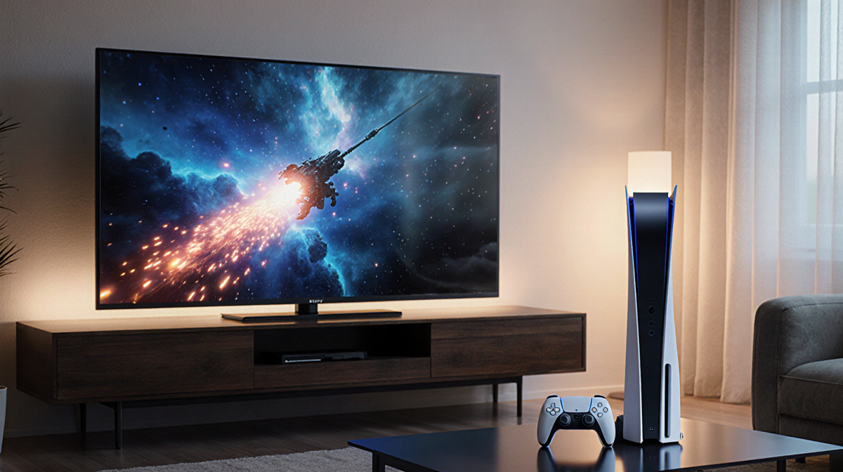 Sony Bravia 5 TV glowing with a vibrant 4K Blu‑Ray scene and a PlayStation 5 Pro console on the coffee table
