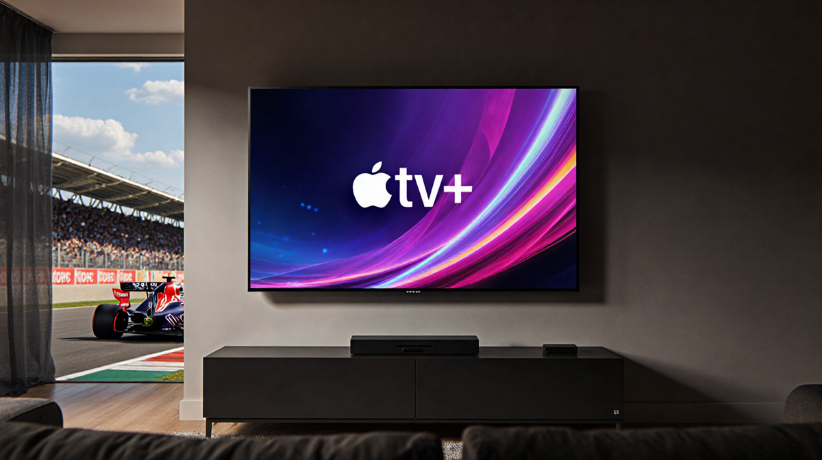 Sony Bravia TV showing Apple TV+ logo with bright colors and motion blur against blurred Formula 1 racing graphics.