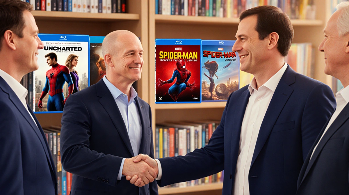 Sony executive Paul Littmann shaking hands with Netflix representative with Spider-Man and Uncharted Blu-rays on shelf