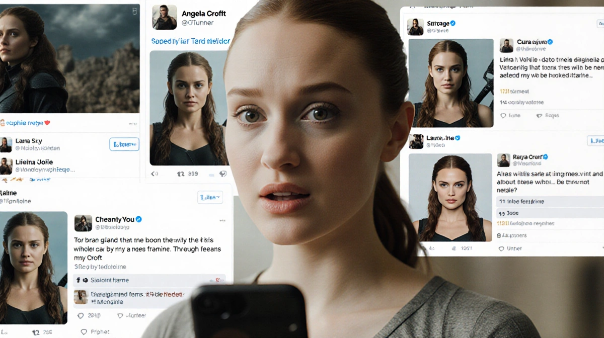 Sophie Turner looking at her phone with Lara Croft comparisons and fan reactions visible on screen