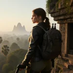 Sophie Turner stands at ancient temple ruins with dual pistols and leather jacket overlooking misty jungle
