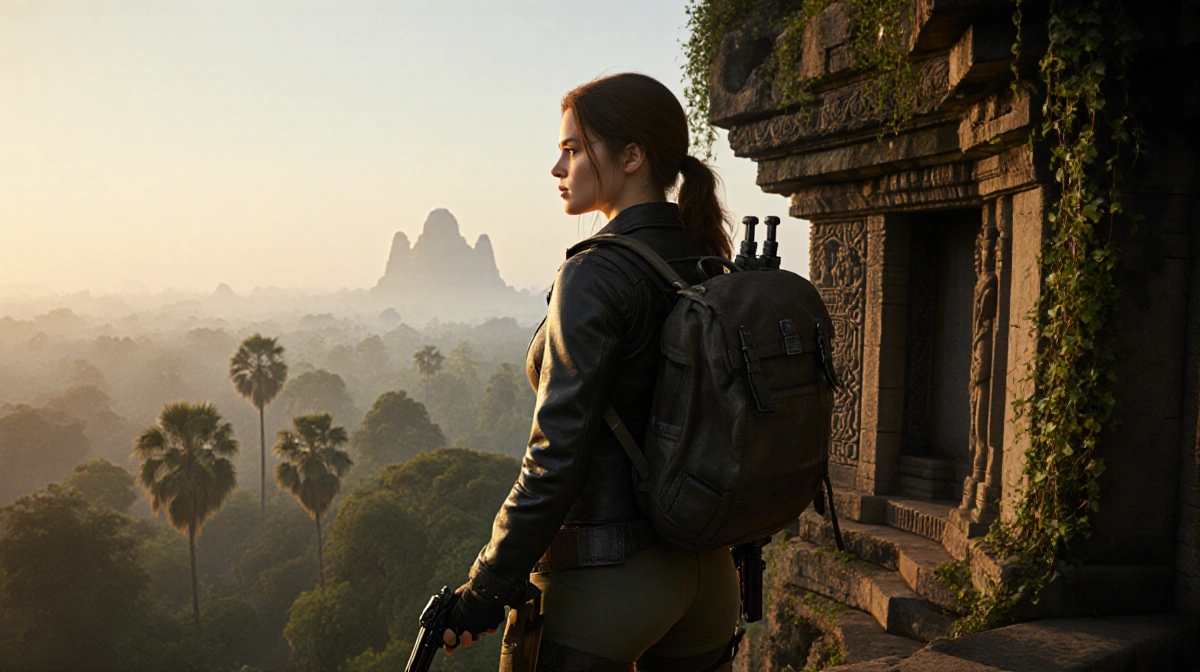 Sophie Turner stands at ancient temple ruins with dual pistols and leather jacket overlooking misty jungle