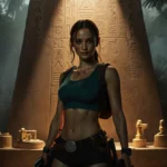 Sophie Turner as Lara Croft stands confidently with dual pistols and ancient pedestal behind her