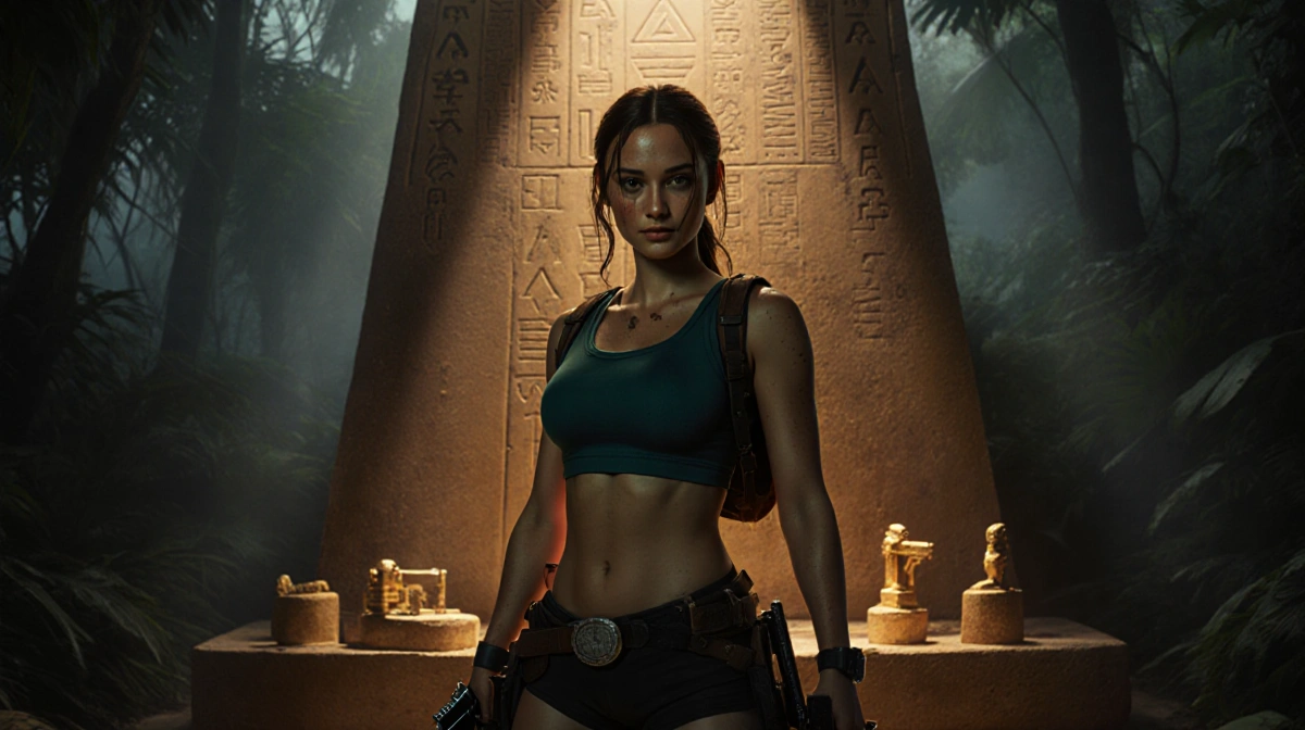 Sophie Turner as Lara Croft stands confidently with dual pistols and ancient pedestal behind her
