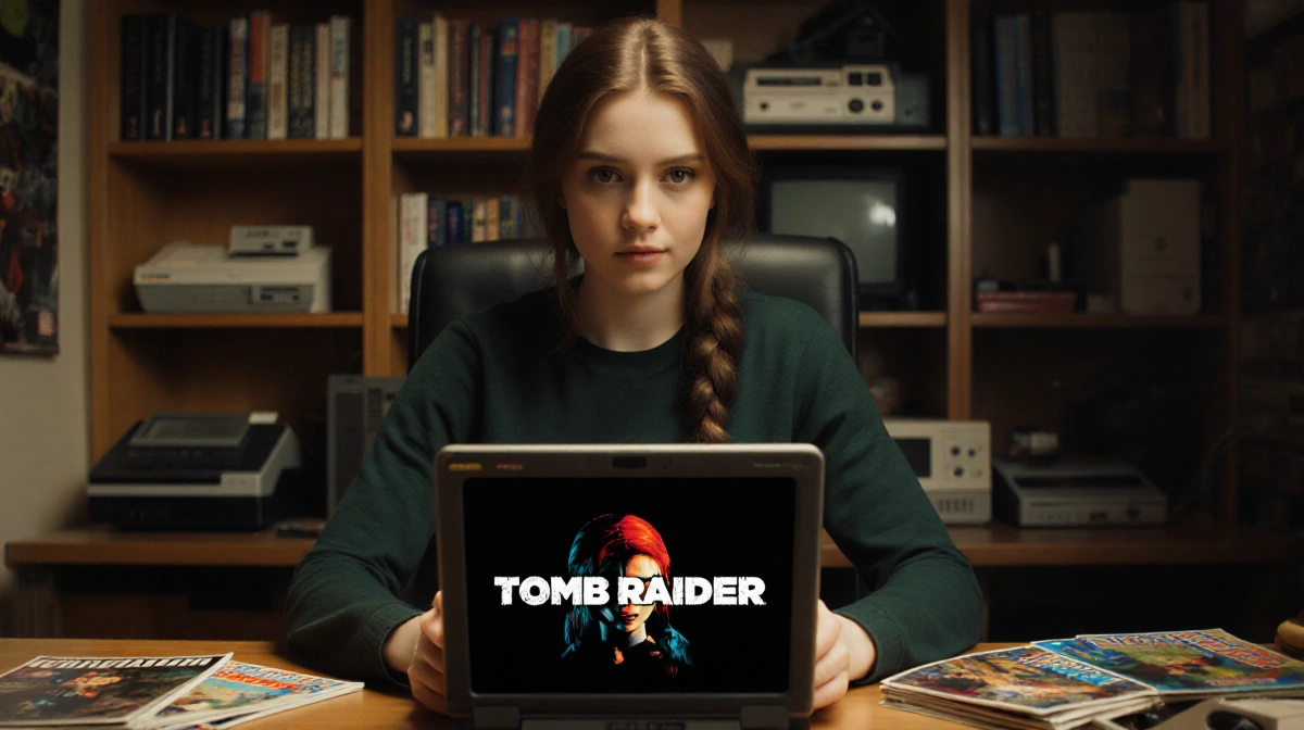 Sophie Turner holds a Tomb Raider laptop with retro gaming gear and magazines behind her desk