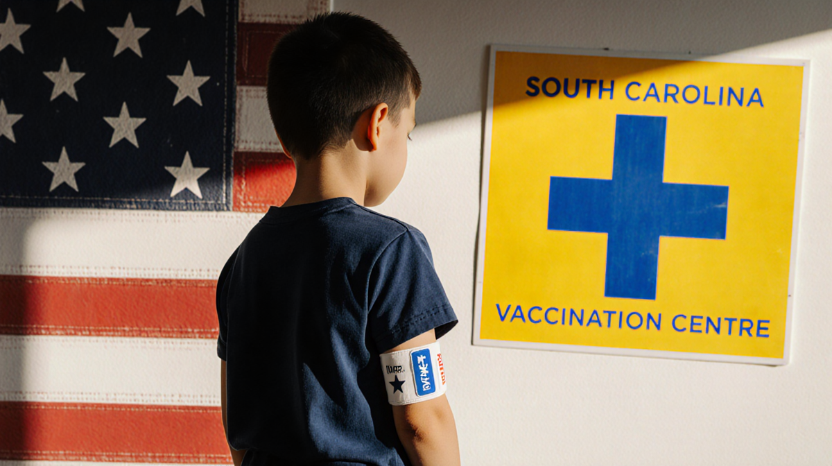 Measles child looking over shoulder toward yellow blue vaccination center sign with arm band against flag background