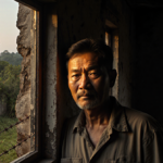 Southeast Asian man peeking through a window with golden light on his face and jungle vines curling around crumbling walls