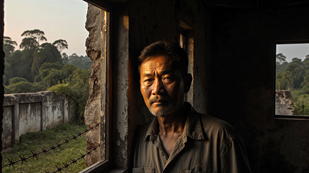 Southeast Asian man peeking through a window with golden light on his face and jungle vines curling around crumbling walls