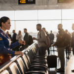 Flight attendant gesturing to empty seat with anxious passengers lining up at Southwest airport gate.