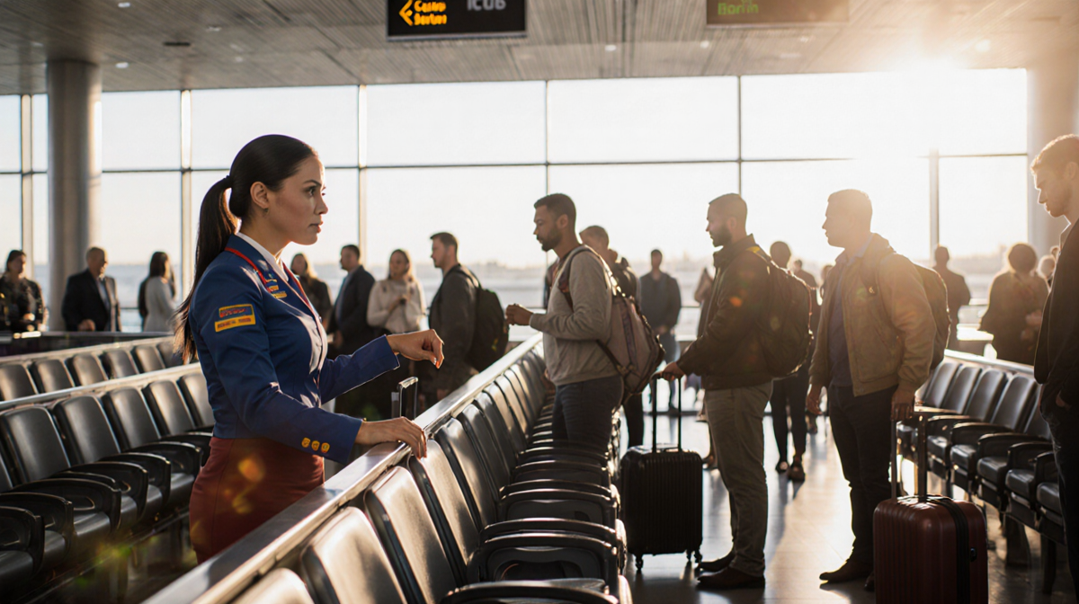 Flight attendant gesturing to empty seat with anxious passengers lining up at Southwest airport gate.