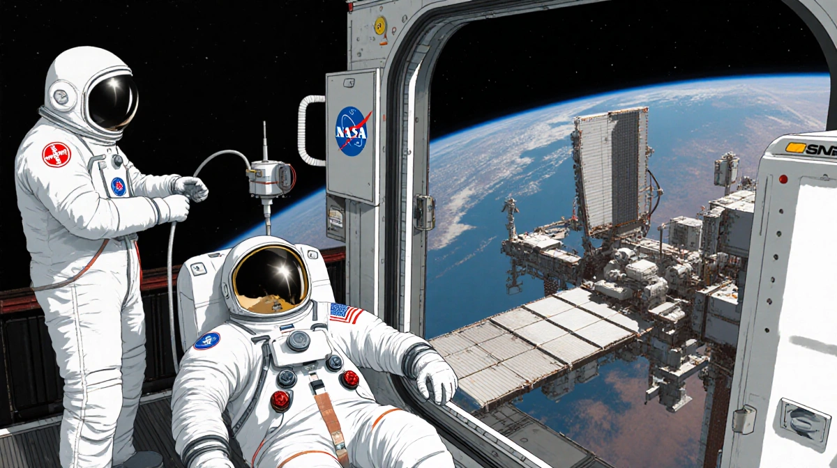 Medical crew in protective gear stands near Soyuz spacecraft docked at ISS with injured astronaut on hospital bed inside stat