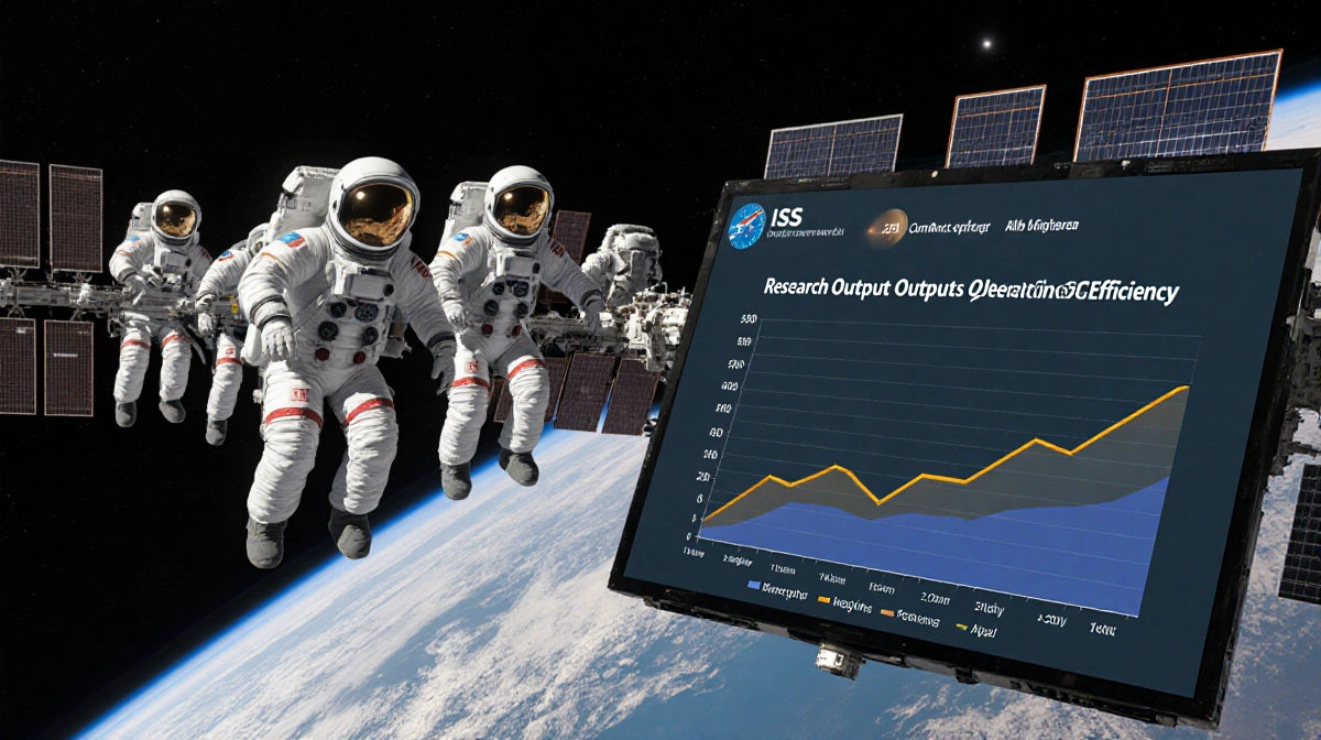 Seven astronauts float inside futuristic space station with research graph showing efficiency gains and Earth visible through