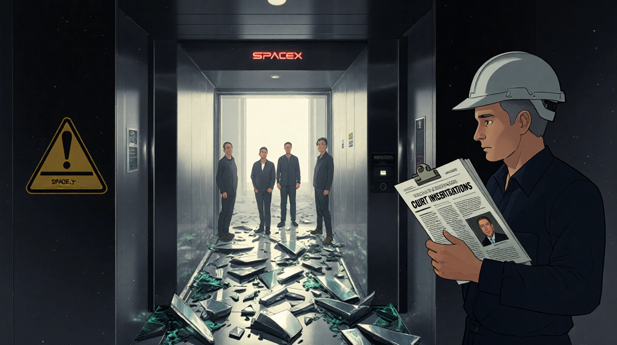 Worker holds clipboard with court records while standing near elevator shaft debris with concerned colleagues behind