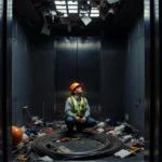 Worker kneeling in elevator shaft with exposed cable and tools scattered across floor