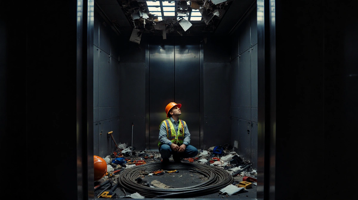 Worker kneeling in elevator shaft with exposed cable and tools scattered across floor