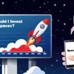 Spaceship soaring through stars with giant screen showing rocket-shaped stock graph and smartphone showing SpaceX investment