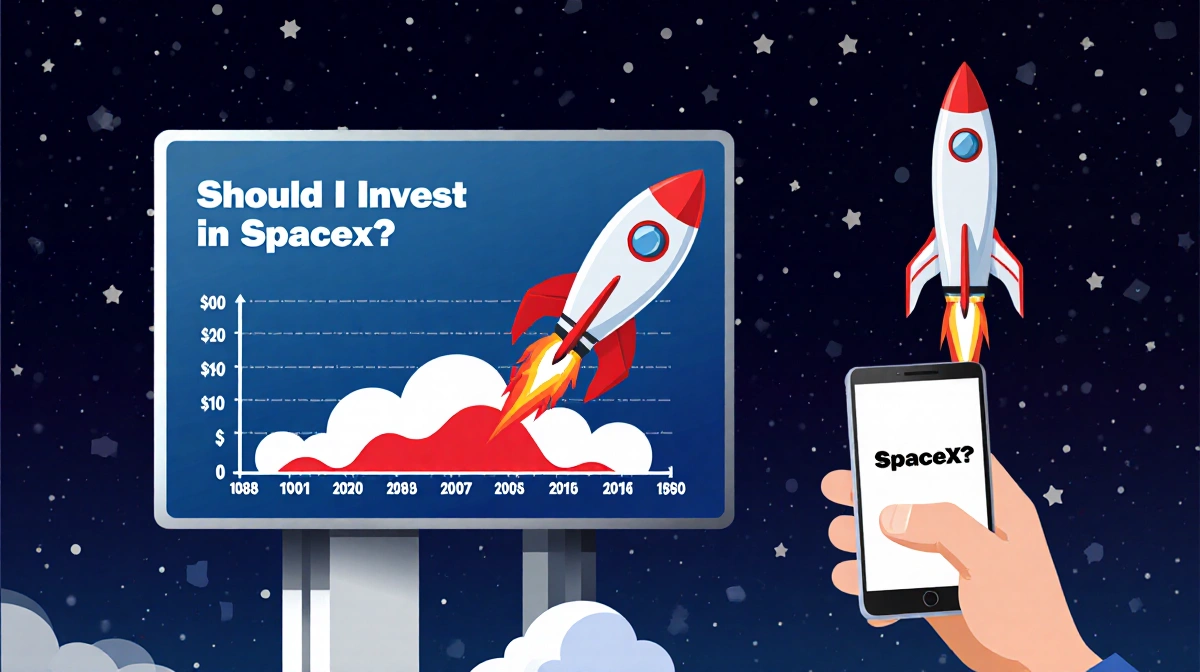 Spaceship soaring through stars with giant screen showing rocket-shaped stock graph and smartphone showing SpaceX investment