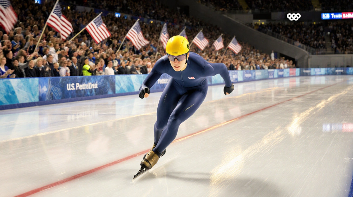 Speed skater glides toward finish line with gleaming ice rink and golden lighting.