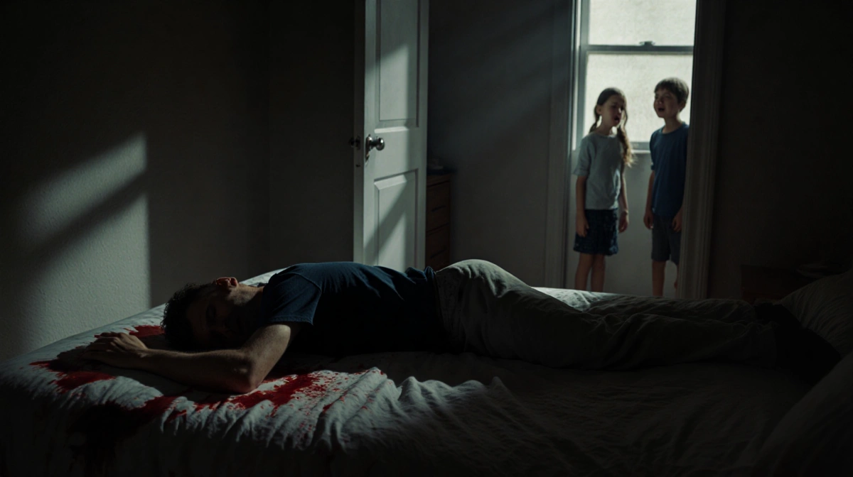 Spencer Tepe lies motionless on bed with blood pool beside him while crying children appear through doorway