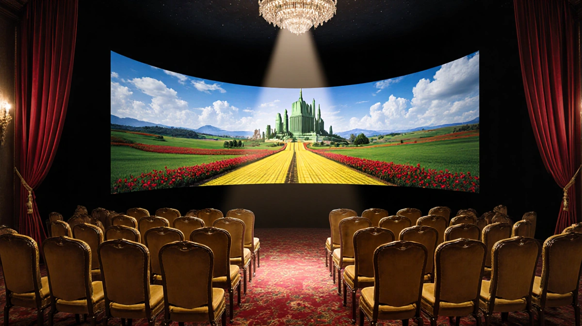 Spherical screen projecting Oz-like landscape with gold velvet seats illuminated by spotlight